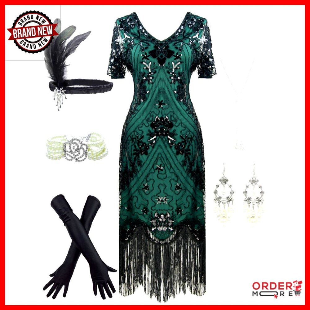 Sequined Flapper Dress With Accessories Set For Gatsby Cocktail Parties